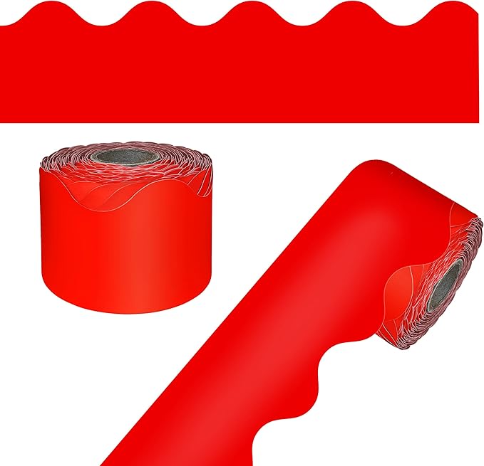 Carson Dellosa Education 65Ft of Red Bulletin Board Borders, 1 Roll of Scalloped Trim for Rolling Whiteboard, Cork and Posterboard, Valentines Day, Christmas Decorations, Party, and Classroom Decor