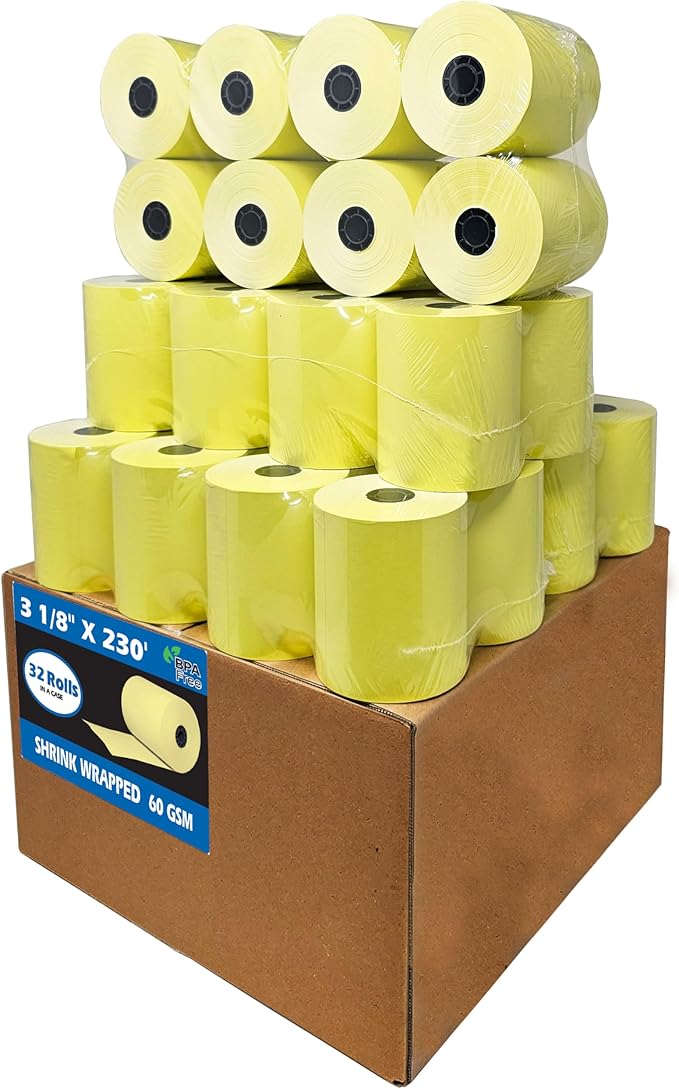 (32 Rolls) 3 1/8 x 230 Yellow Thermal Paper Receipt Rolls (55GSM Paper Thickness) fits all Clover POS Cash Register Printers from BuyRegisterRolls