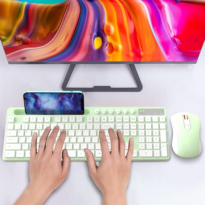 Wireless Keyboard and Mouse Combo, MARVO 2.4G Ergonomic Wireless Computer Keyboard with Phone Tablet Holder, Silent Mouse with 6 Button, Compatible with MacBook, Windows (Green)
