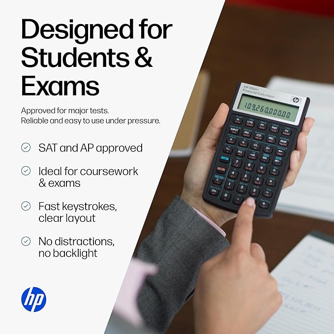 HP 10bII+ Financial Calculator – 100+ Functions for Business, Finance, Accounting, Statistics & Algebra – College & High School Calculator, Exam Approved for SAT, AP, PSAT – Includes Case & Cloth