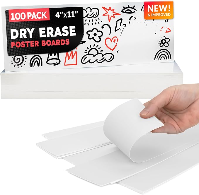 Hygloss Small Dry Erase Poster Board Paper 4x11 Inch (100 Count) Single-Sided Wall White Board Dry Erase Sheets - 14 Pt. Thick Paper for Home, School, Classroom, Office, Kids Art, Menus Signs, Lists