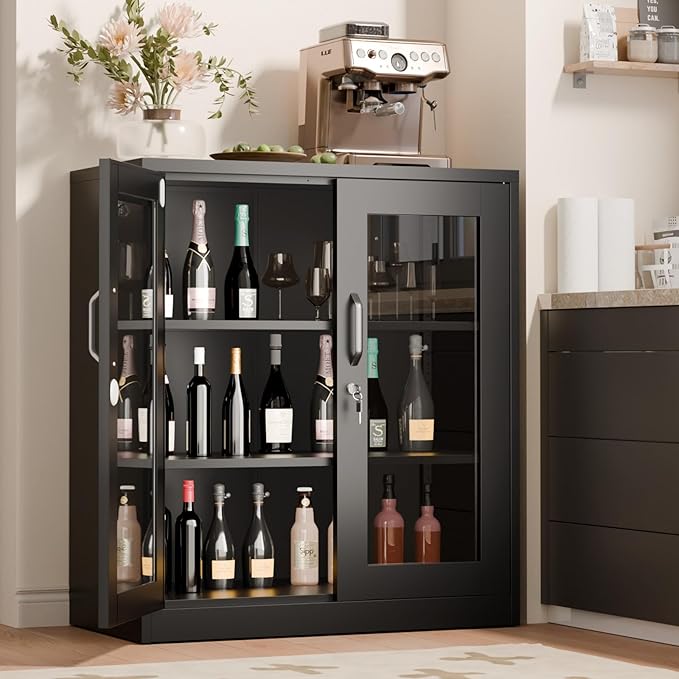 VINGLI Lockable Display Cabinet with Glass Door & 3ble Shelves, 35.5" H Metal Storage Cabinet Curio Liquor, Bookshelf Bookcase for Home Office Living Room Pantry Garage (Black)