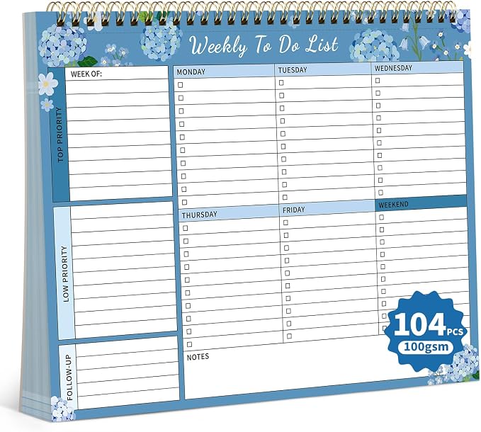 104 Pgs Weekly To Do List Notepad 52 Duplex-Printed Undated Sheets 100 GSM | （8.5"×11") Weekly Desk Planner For Work Home School Office Desk Accessories Supplies & Goal Setting Tasks -Blue Hydrangea