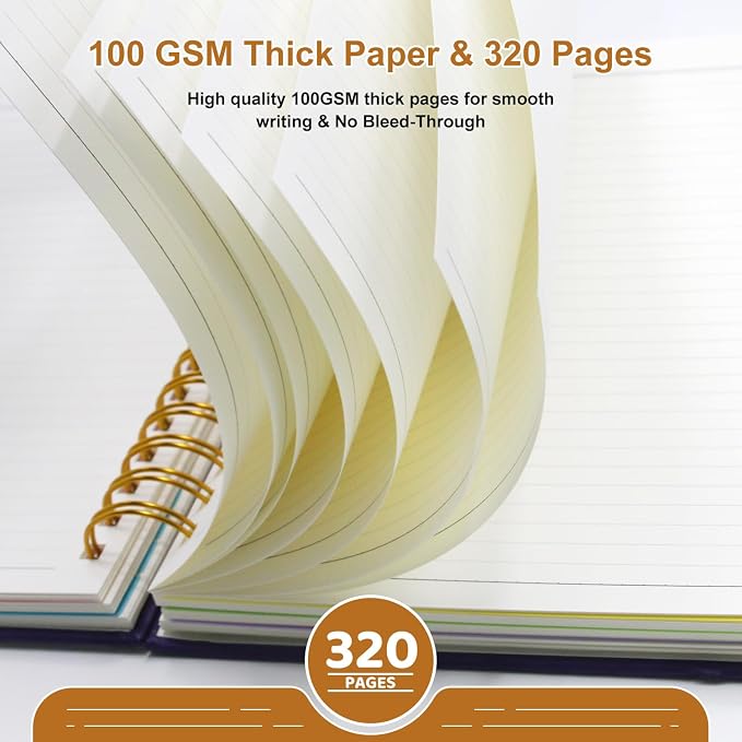Hardcover Spiral Notebook Journal with Removable Dividers Tabs | 320 Pages, 5 Subject Notebooks College Ruled, 8"x10" Large B5 Leather for Work & School, Lined Journal for Women
