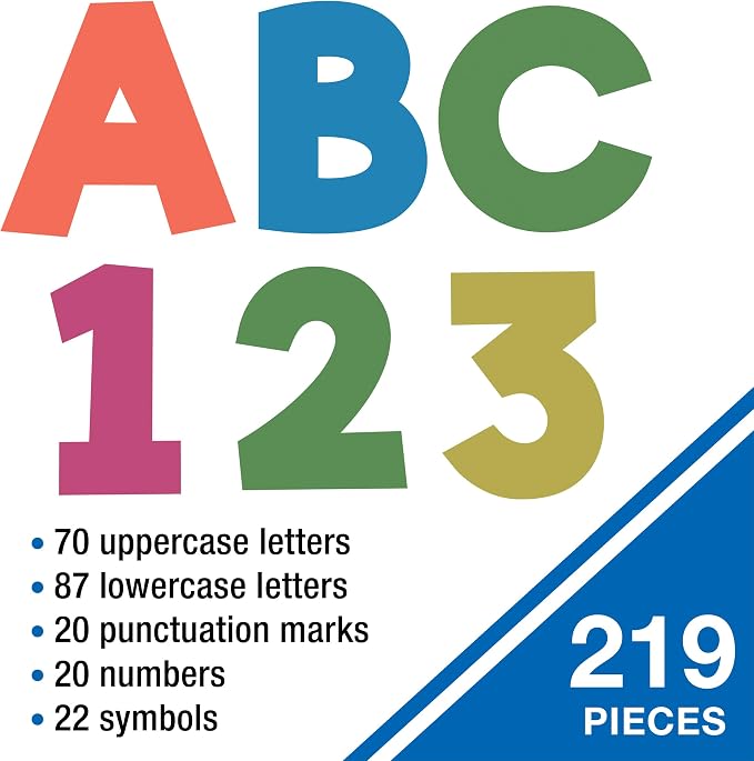 Carson Dellosa Brights Bulletin Board Letters 4", 219-pieces, Prepunched | Upper and Lowercase Alphabet, Numbers, Punctuation, and Symbols for Bulletin Board, Posterboard, Party, and Classroom Decor