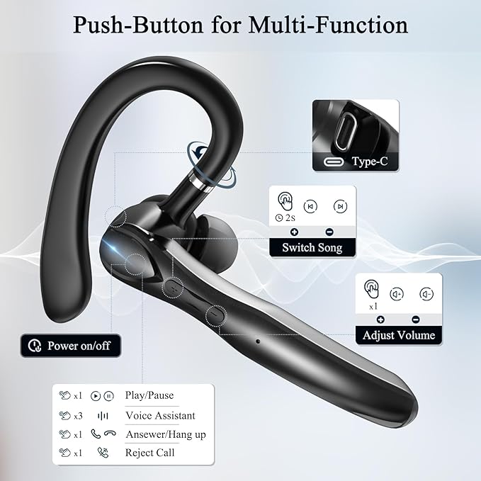Bluetooth Headset, Wireless Bluetooth Earpiece with 400mAh Charging Case 50 Hours Talking Time Built-in Microphone for iOS Android Cell Phone, V5.3 Hand-Free Headphones for Trucker, Office