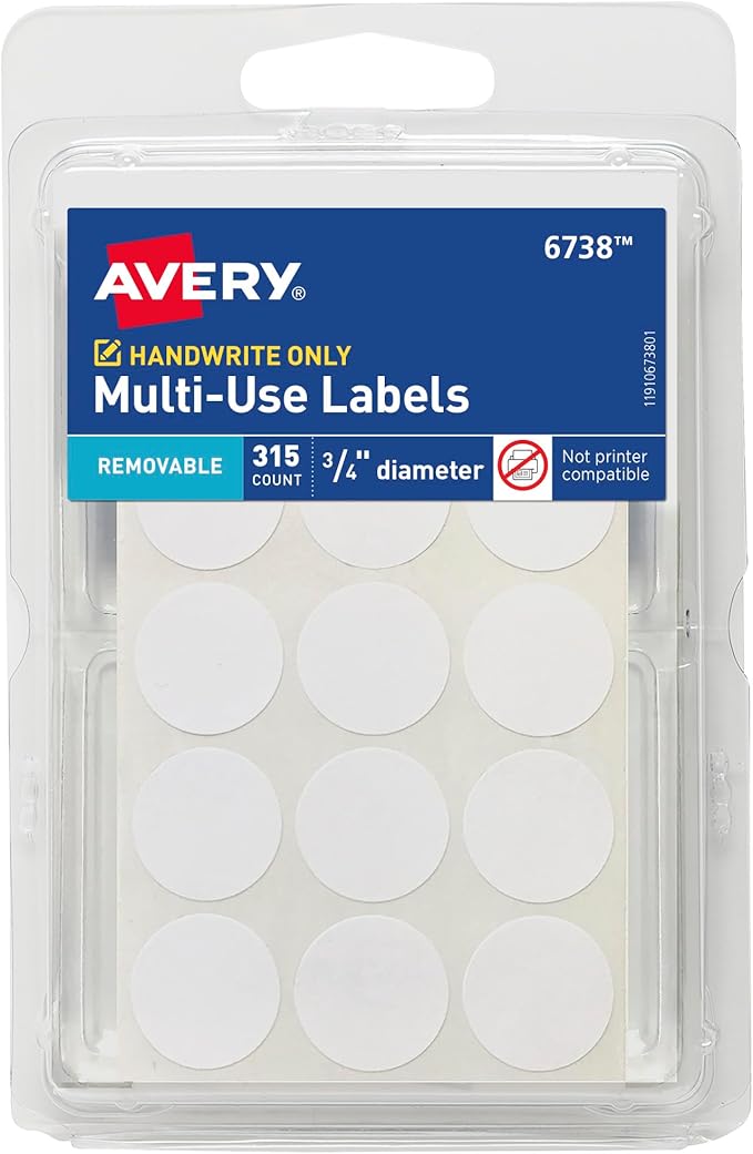 Avery Multi-Use Removable Labels, 3/4 Inch Round Stickers, White, Non-Printable, 315 Blank Labels Total (6738)