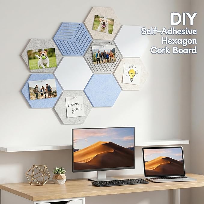 10 Pack Hexagon Cork Board, 12" x 10" Self-Adhesive Felt Bulletin Board Tiles with 40 Pushpins, Cute Pin Boards for Wall Decor Home Office School DIY Display Boards for Photos (Blue Theme)