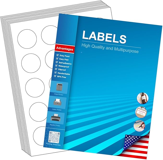 1.5" Circle Labels, Round Printable Stickers to Write On, Sticker Paper for Inkjet Printer, (20 Labels/Sheet), 30 Sheets