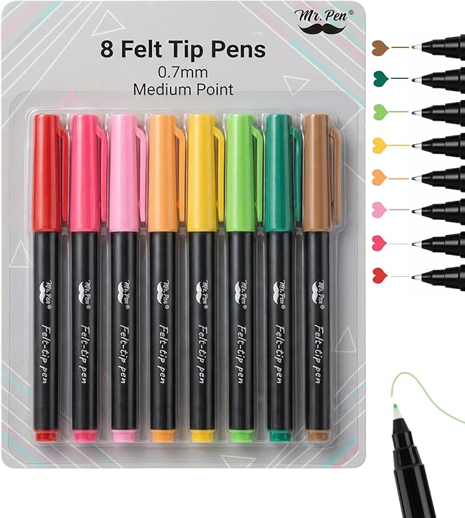 Mr. Pen- Felt Tip Pens, 8 Pack, 0.7mm Colorful Felt Pens, No Smear, Quick Dry