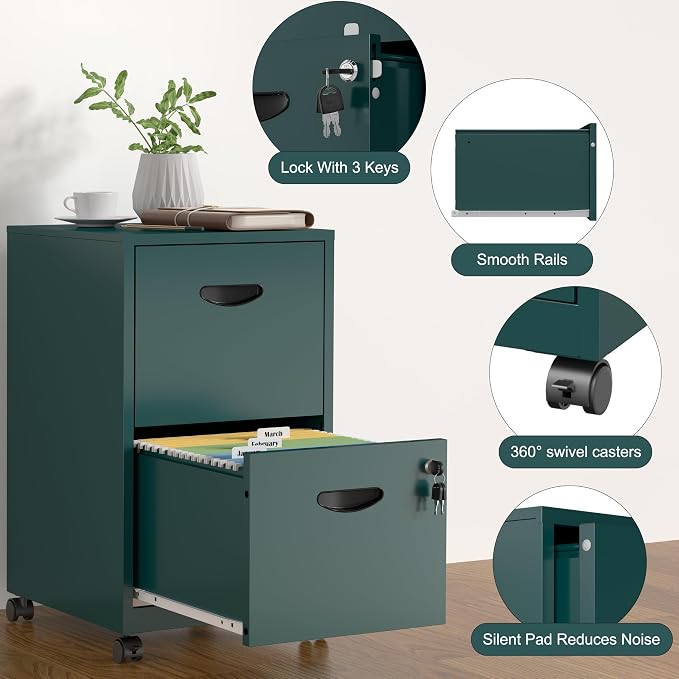 SteeLoong 2 Drawer File Cabinet,Metal Mobile File Cabinet with Lock Green | Filing Cabinet with Wheel,Vertical File Cabinet for Home Office,Under Desk Rolling File Cabinets for Hanging Letter/A4