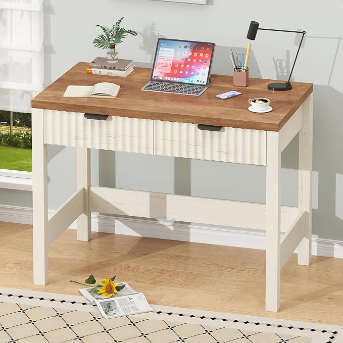 32 Inch Small Fluted Computer Desk with 2 Drawers for Bedroom, Home Office | Small Computer Desk with Storage, Compact Writing Study Desk for Small Spaces, Brown & White
