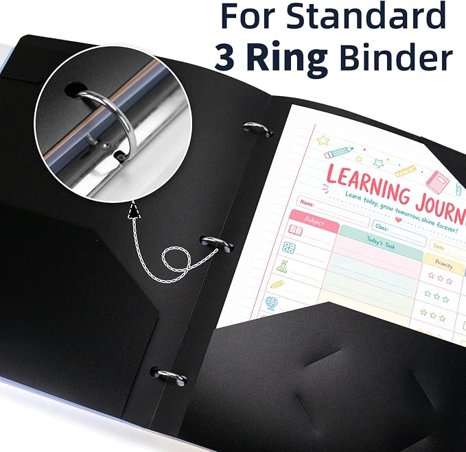 2-Pocket Folder, Heavy Duty Plastic Folder with 3 Hole Punched, Fit for 3 Ring Binder, Letter Size Binder Folder for School Office (Black, 1 Pack)