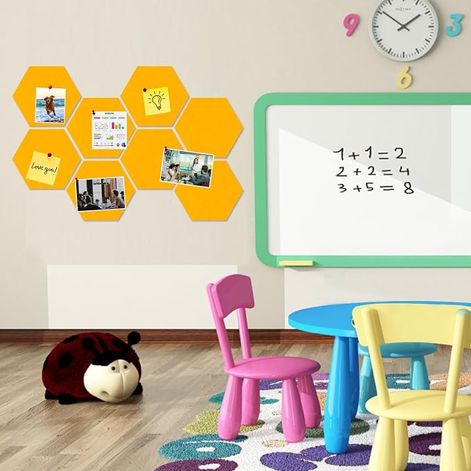 Large Hexagon Felt Cork Board Tiles, Self Adhesive DIY Felt Bulletin Board Pin Board with 35 Pushpins for Office School Home Wall Decor Stickers Memos Photos Display(Light Orange)