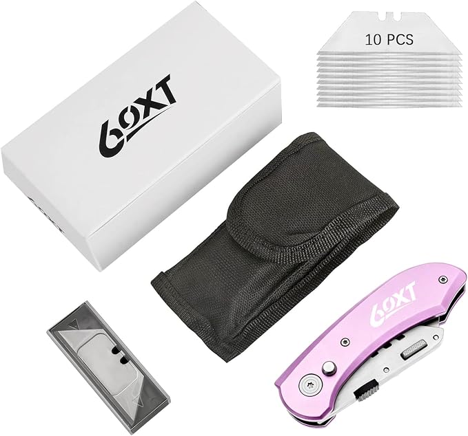 Utility Knife Folding Safety Lock Quick Change with 10 Extra SK5 Replacement Blade Lightweight Aluminum Handle & Pocket Clip Multi-Use Box Cutter Office Home Art Diy Great Gift Choice (New.Pink)