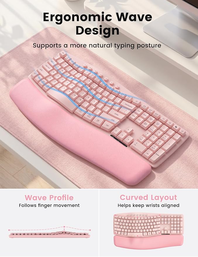 Pink Wireless Keyboard and Mouse Combo, Ergonomic Wave, 30dB Quiet, MA41