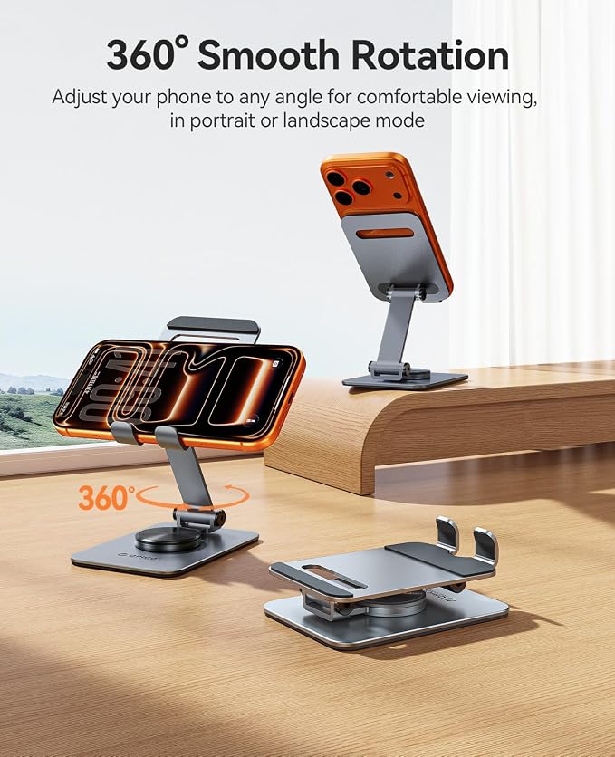 ORICO Aluminum Phone Stand for Desk, Adjustable Metal Phone Holder with Stable Support and Smooth 360° Rotation for Smartphones up to 6.9 Inches – Gray (PS2)
