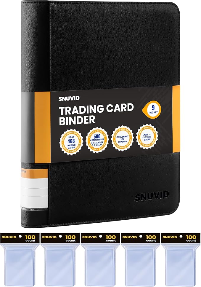 9 Pocket Trading Card Binder with 500 Card Sleeves, 26 Side-Loading Pages Hold 468 Trading Cards, Black PU Cover Zip Card Collection Binder with Side Label, MTG, TCG, Game Cards, Sport Cards Organizer