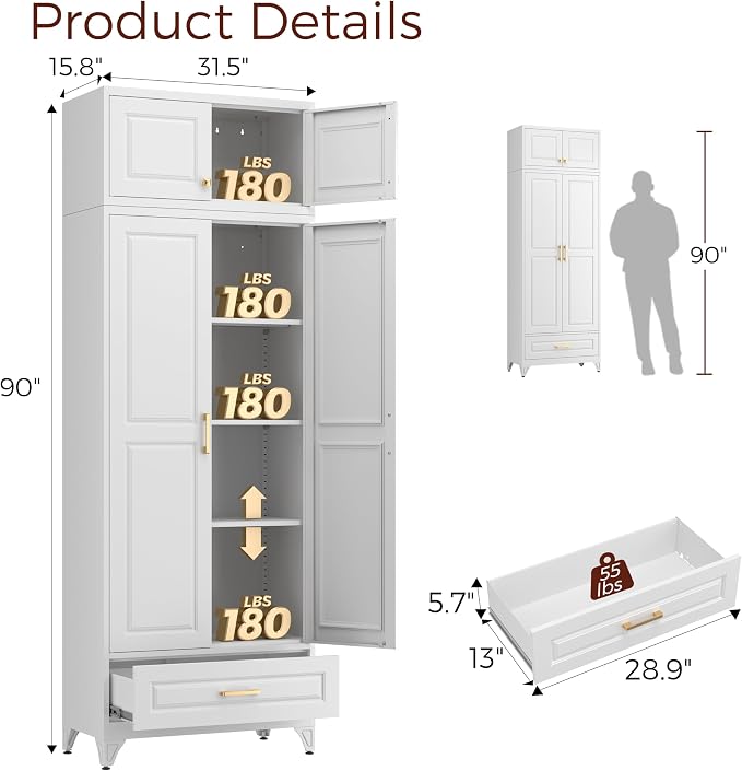 90" Kitchen Pantry Cabinet, Metal Storage Cabinets with Drawer | Kitchen Cabinet with 4 Doors & 3 Adjustable Shelves, Tall Food Pantry Cabinet, Cupboard for Kitchen, Dining Room, Living Room