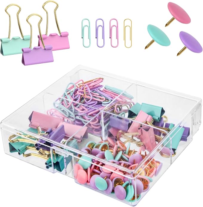 Paper Clips and Binder Clips Push Pin Set, Assorted Size Clip | 165-Piece Decorative Paper Clip Set, Cute Desk Accessories for School, Home, Office, Desk, Documents, Pastel Color