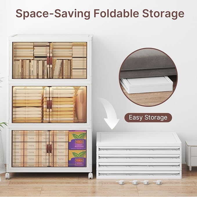 Stackable Storage Bins with Lids, 720QT Lockable Storage Cabinet | Closet Organizers, Foldable Storage Box with Doors and Wheels, Plastic Drawers for Home, Garage, Office (6, White, Large)