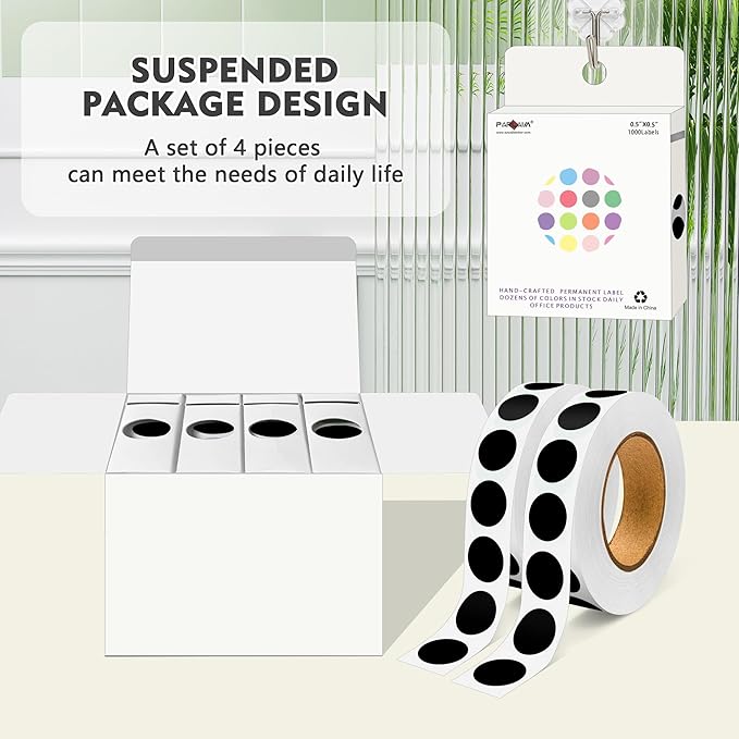 PARLAIM 4000 Pack Black Dot Stickers, 1/2 inch Round Circle Label 4 Rolls Permanent Adhesive Color-Code Sticker Labels in Dispenser Box