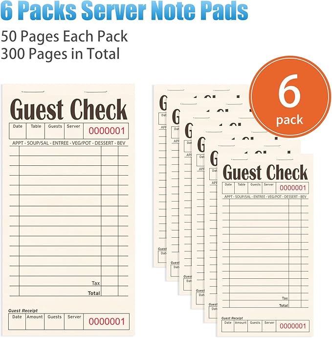 Guest Checks Books for Servers, Server Note Pads, 6 Pack, Natural Color Paper, Waitress Notepad for Restaurants, Waitress Accessories, 300 Sheets, Black