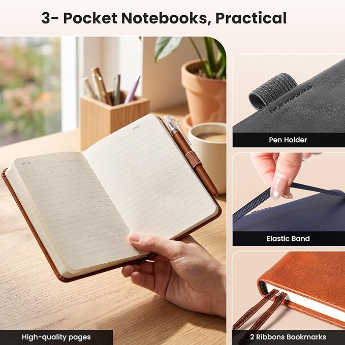 Small Notebook Journal - 3 Pack Total 480 Pages - Pocket Notebooks with Pens for Work - 3.7" x 5.7" A6 Notebook - Hardcover Mini Notebooks
