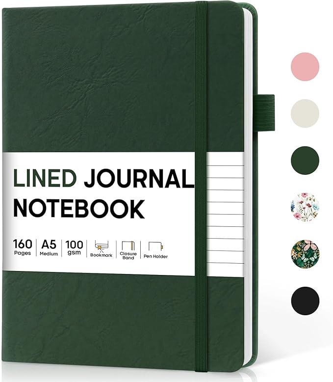 Taja Lined Journal Notebook for Women & Men, Hardcover Leather Journal for writing, A5 College Ruled Notebook for Work & Note Taking, Perfect for Office School Home Supplies, 160 Pages, Dark Green