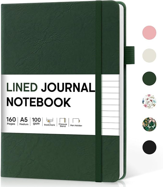Taja Lined Journal Notebook for Women & Men, Hardcover Leather Journal for writing, A5 College Ruled Notebook for Work & Note Taking, Perfect for Office School Home Supplies, 160 Pages, Dark Green
