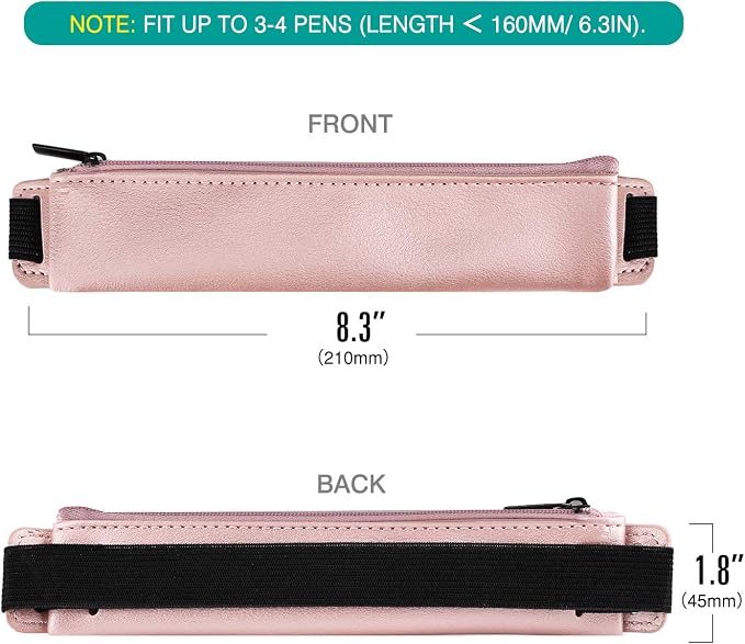 MoKo Elastic Pen Holder for Notebook, 2 Pack PU Leather Pouches | Zippered notebook pouch stores 3–4 pens and secures to hardcovers over 21 cm with an elastic strap; Gold Pink and Dark Blue.