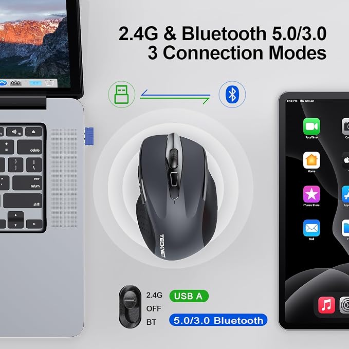 TECKNET Wireless Mouse, BT 5.0/2.4G, Silent 4800 DPI 6 Buttons, Grey | Bluetooth 5.0/3.0 & USB A, 2-Device Easy Switch, Wide OS Compatible, 6-DPI, Ergonomic for S/M Hands, Extended Battery