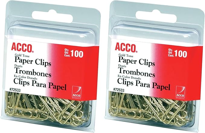 ACCO Brands Paper Clips, Regluar, # 2 Size, Smooth, Gold, 100 Clips/Box (72533) (Pack of 2)