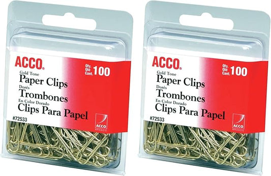 ACCO Brands Paper Clips, Regluar, # 2 Size, Smooth, Gold, 100 Clips/Box (72533) (Pack of 2)