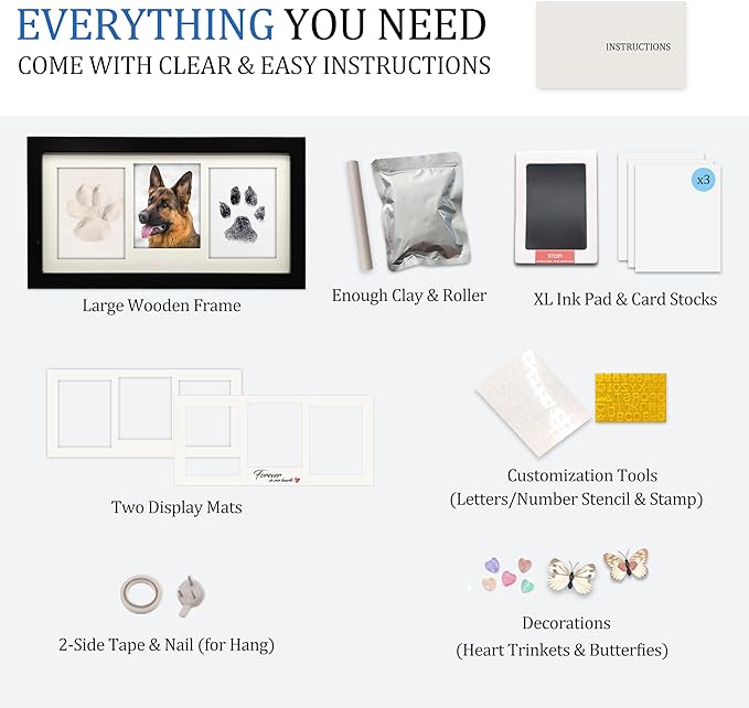 MYPAWLETS Extra Large Paw Print Frame Kit,Dog/Cat Paw Print Kit,Soft Pawprint Clay&Clean Touch Ink Pad,Pet Paw Print Impression Kit with Customization Tool,Wooden Pet Memorial Frame-Black