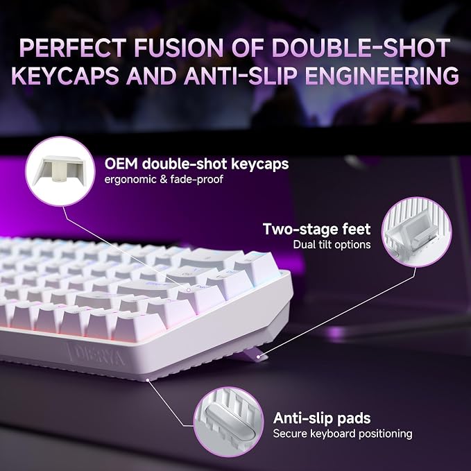 DIERYA DK68 60% Wireless Mechanical Gaming Keyboard, 3-Mode, Bluetooth 5.0/2.4G/USB-C, RGB Backlit, 68-Key Compact Mini for Windows, Mac, Linux - Linear Red Switch - White