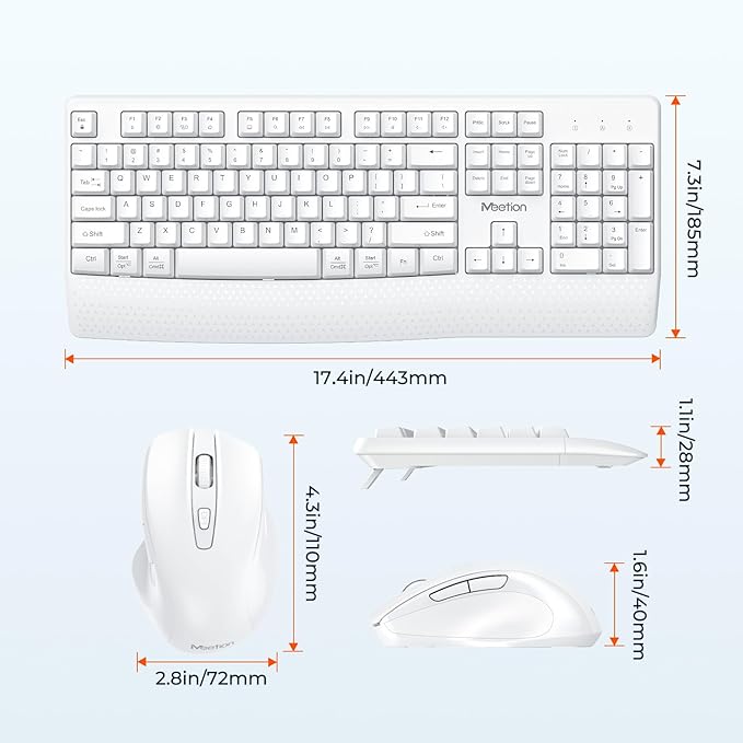 MEETION Wireless Keyboard and Mouse White, 2.4G USB Receiver Plug-and-Play, Computer Keyboard with Wrist Support, 3 Level DPI Mouse, Long Time Lasting Battery for PC/Mac/Windows/Laptop, White