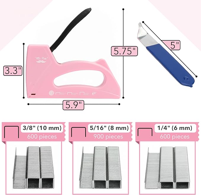Mr. Pen- Light Duty Staple Gun with 2100 Staples and Staple Remover | 1/4, 5/16, 3/8 Inch, Pink, Stapler Gun for Wood, Upholstery, Fabric, Crafts, DIY and Decoration