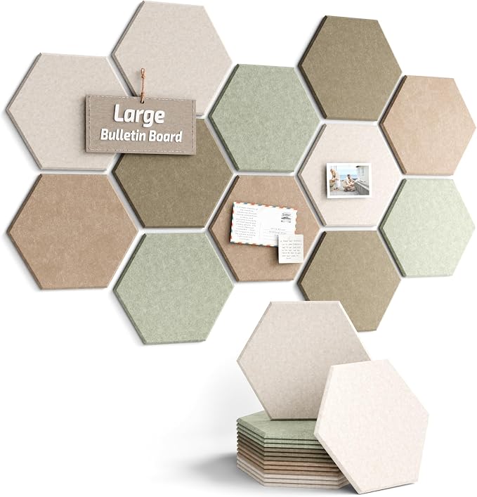 Fluxynara 12-Pack Hexagon Felt Bulletin Board Tiles, Linen Dusk-1 | Cork Board Alternative with 60 Adhesive Tabs for Notes, Photos and Reminders in Home Offices, Dorm and Classrooms