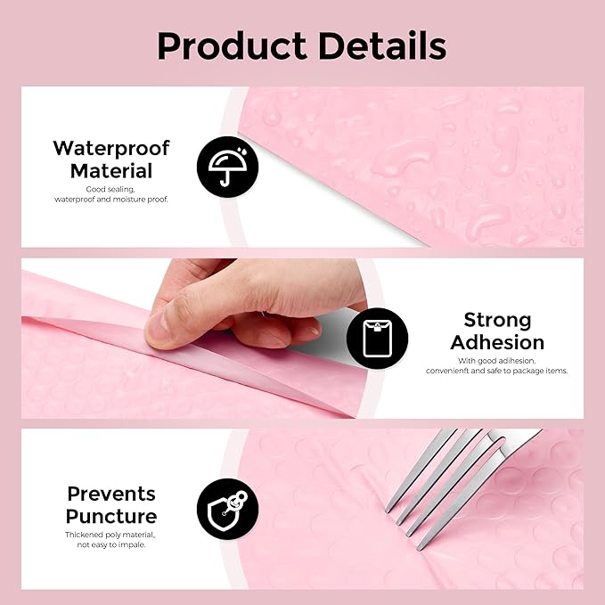 Metronic 500PC Bubble Mailers 8.5X12 Inch Light Pink Waterproof Padded Envelopes Usable Size 8.5x11 Self-Seal Cushioning Bubble Envelopes for Shipping,Jewelry Makeup Supplies, Packaging Bulk