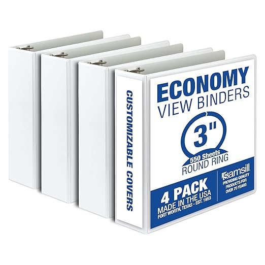 Samsill 3 Inch 3 Ring Binders, Economy Round Ring, Clear View Cover, 550 Sheet Capacity - for School, Home, Office - White, 4 Pack