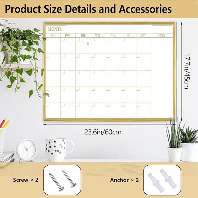 Gold Dry Erase Calendar Whiteboard for wall-18 x24’’,Portable Aluminum Frame,Magnetic Calendar White Board,Wall Planner Dry Erase Board for Office, Kitchen, School, Home-GG-4560