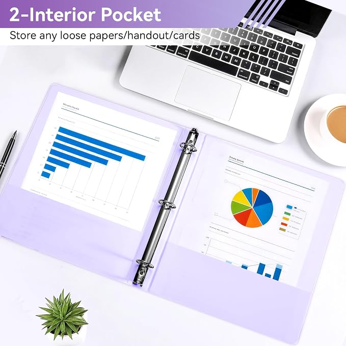 SUIN 1 Inch 3 Ring Binder, Clear 1'' View Presentation Binders with 2 Pockets, Fits 8.5 x 11 Letter Size, Durable Polypropylene, Non-Stick & PVC-Free for School, Office & Home (Pastel Purple)