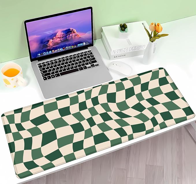 Sage Green Checkered Desk mat, Retro Boho Extra Large Mouse Pad, Abstract Wavy Desk Protector Pad, Minimal Pattern Aesthetic Writing Mat for Computer & Laptop Home Office, 31.5 X 11.8 in