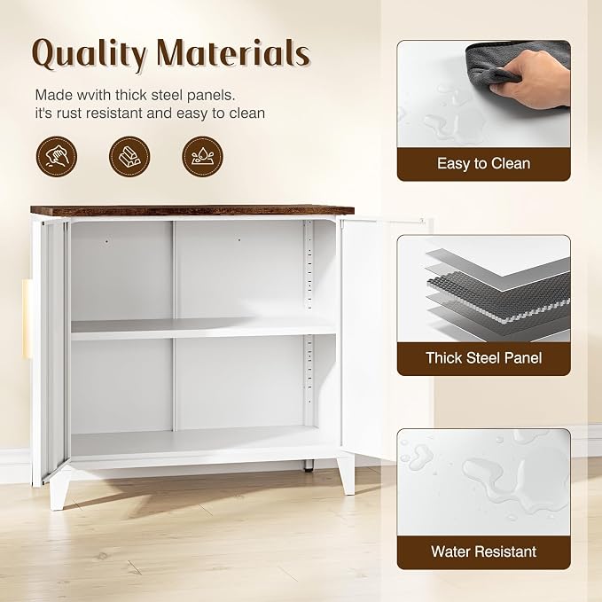 Metal Storage Cabinet with 2 Doors and Shelves 16" Dx 32" Wx30 H,Small Buffet Sideboard Short Cabinet for Kitchen Dining,Office Credenza Locker Modern Coffee Bar,Entryway Bathroom(White)
