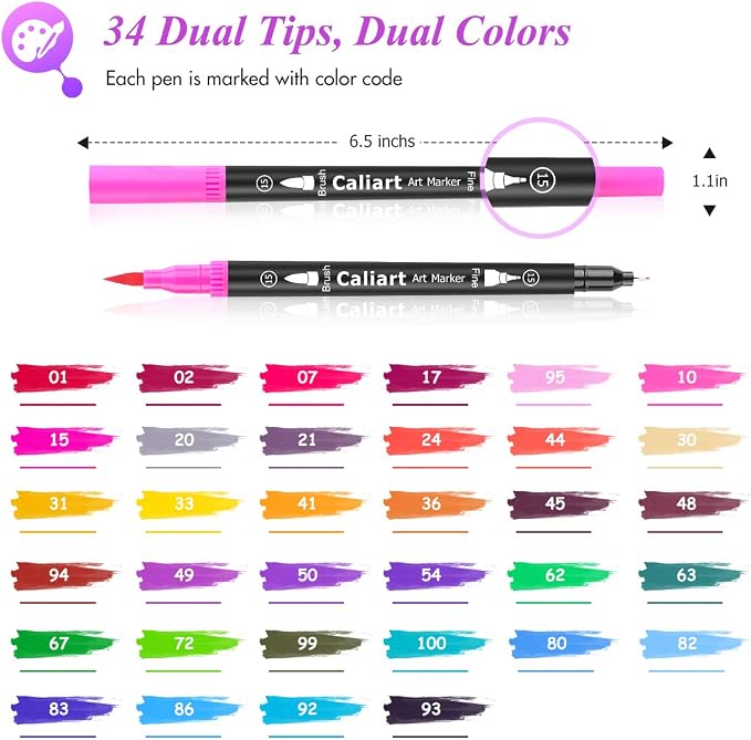 Caliart 34 Double Tip Brush Pens Art Markers for Adult Coloring Books | Artist Fine & Brush Coloring Markers for Journaling Calligraphy Lettering Planners Drawing Teacher Office Art Supplies
