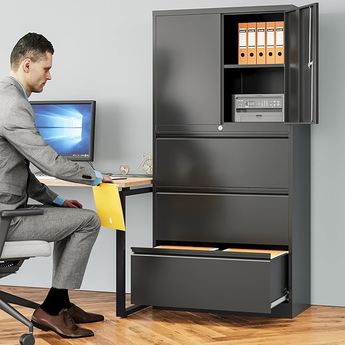 3 Drawer Lateral File Cabinet with Lock and Shelf,Black Metal Filling Cabinet with Drawers and Shelf, Locking File Storage Cabinets with Doors and Shelves for Home,Office,Garage,School