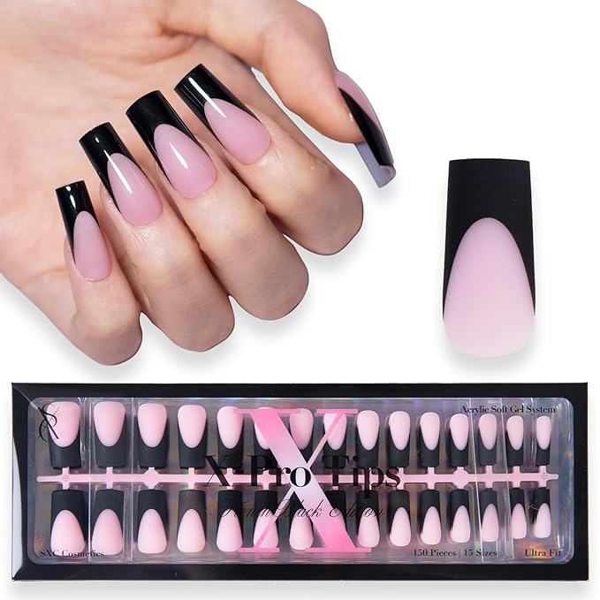 SXC Cosmetics French Tip Press On Nails 150 Pieces in 15 Sizes Ultra Fit with Pre-applied Tip Primer and Base Coat, No Need to File Fake Nails for Nail Art DIY X-Pro Tips (BLACK117-M Square)