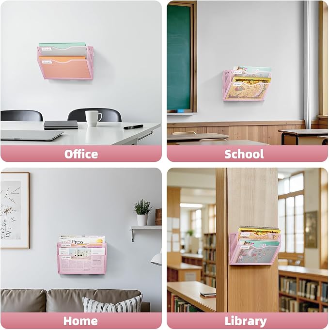 Marbrasse Wall File Holder 2-Tier Hanging Wall File Organizer, Mesh Mail Holder for Papers, Wall Mount File Clipboard & Magazine Organizer Great for Office Home (Pink)