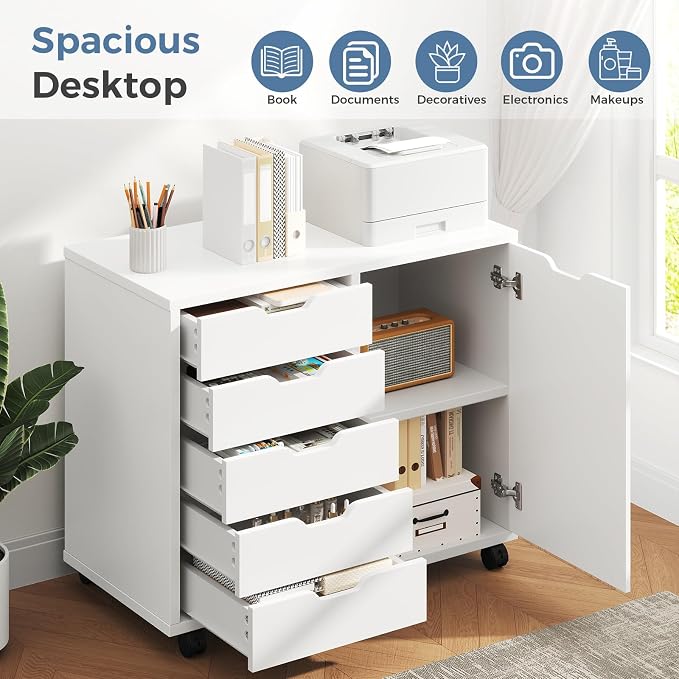 DUMOS 5-Drawer Mobile File Cabinet, Wooden Printer Stand with Storage | Under Desk Cabinets with Adjustable Shelf & Wheels for Home Office Organizer Storage Craft Room, White